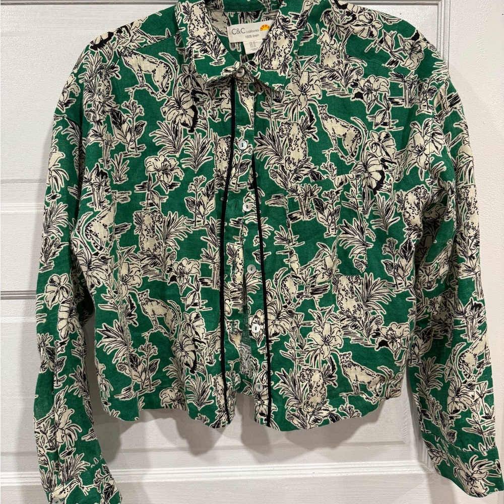 100% Linen C&C California Green Floral Women's Button Shirt